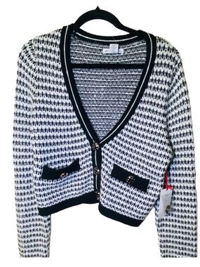 London Kaye Black & White‎ Long Sleeve Knit Crop Cardigan Sweater, L